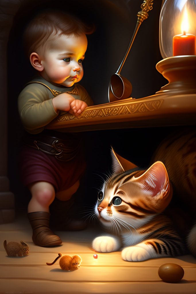 Мальчик играет с котенком