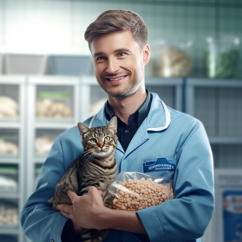 Ветеринар с кошкой и пакетом сухого корма